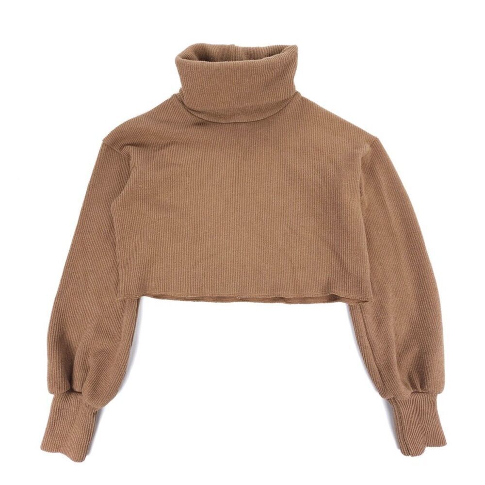 PRINCESS POLLY Linen Izzy 90s Cropped Turtleneck Sweater Ribbed Knit Brown 2 Y2k